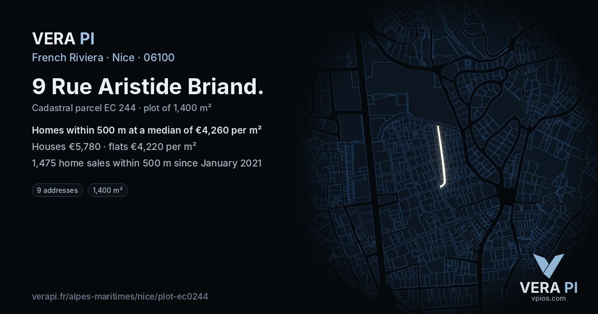 9 Rue Aristide Briand, Nice at night – the plot lit, the parcels around coloured by the prices near them