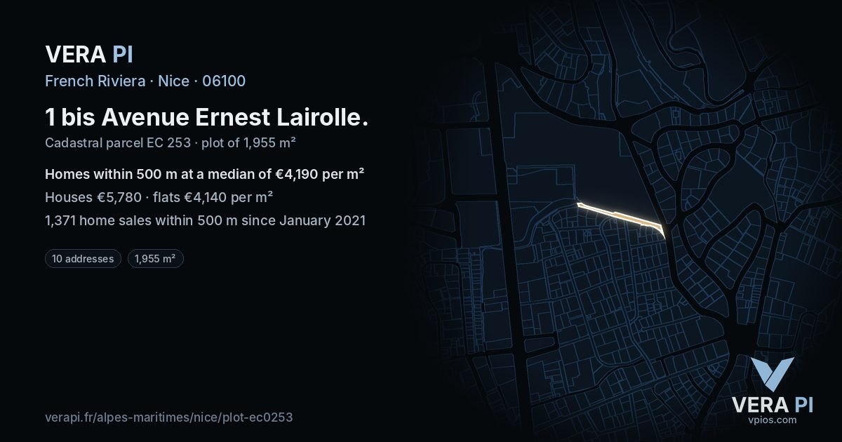 1 bis Avenue Ernest Lairolle, Nice at night – the plot lit, the parcels around coloured by the prices near them
