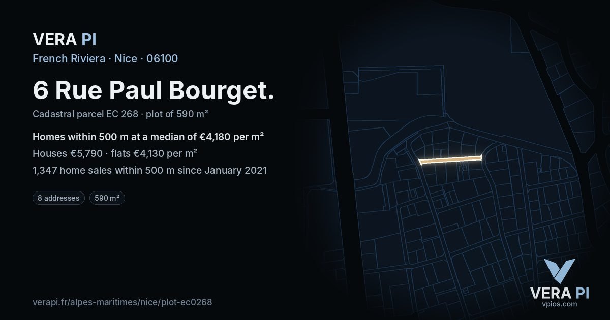 6 Rue Paul Bourget, Nice at night – the plot lit, the parcels around coloured by the prices near them