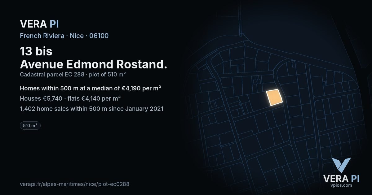 13 bis Avenue Edmond Rostand, Nice at night – the plot lit, the parcels around coloured by the prices near them