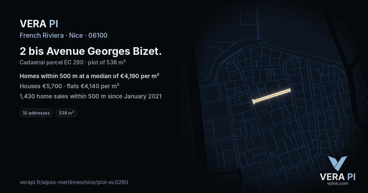 2 bis Avenue Georges Bizet, Nice at night – the plot lit, the parcels around coloured by the prices near them