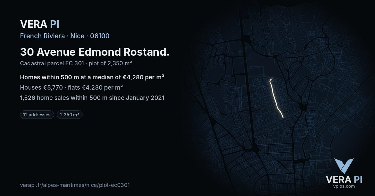 30 Avenue Edmond Rostand, Nice at night – the plot lit, the parcels around coloured by the prices near them