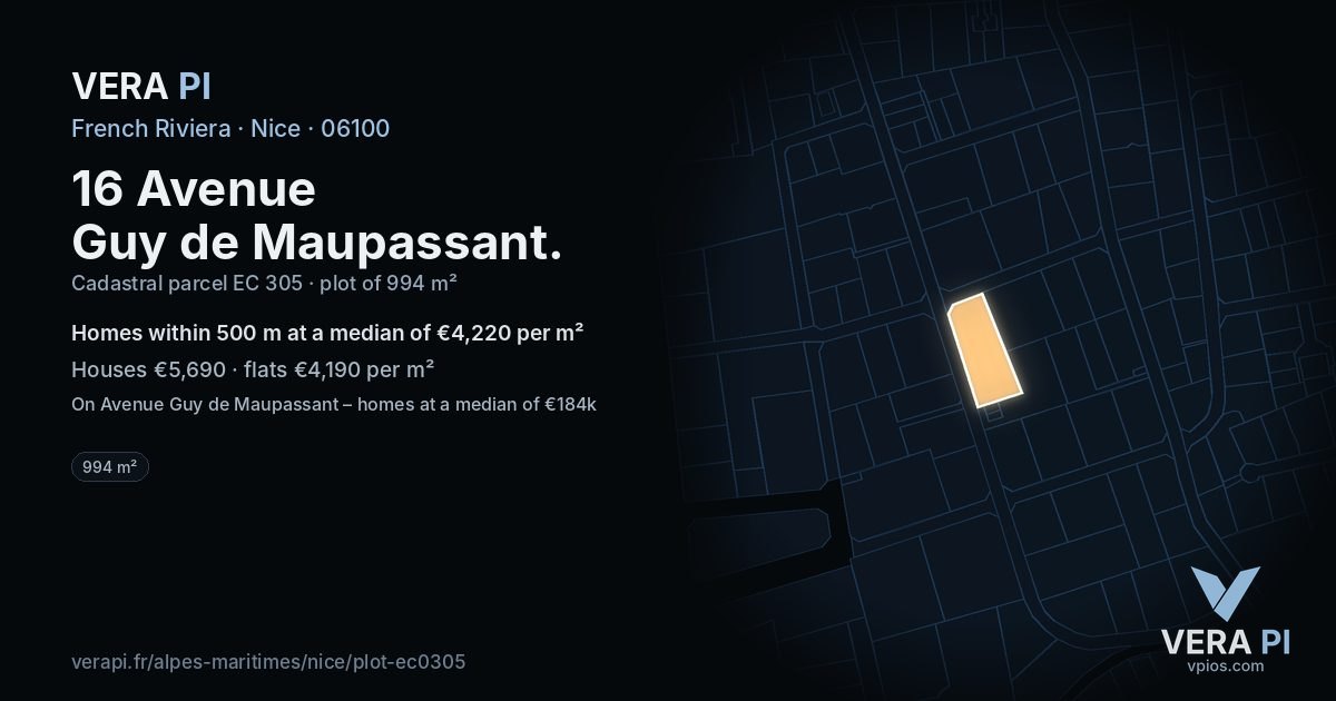 16 Avenue Guy de Maupassant, Nice at night – the plot lit, the parcels around coloured by the prices near them