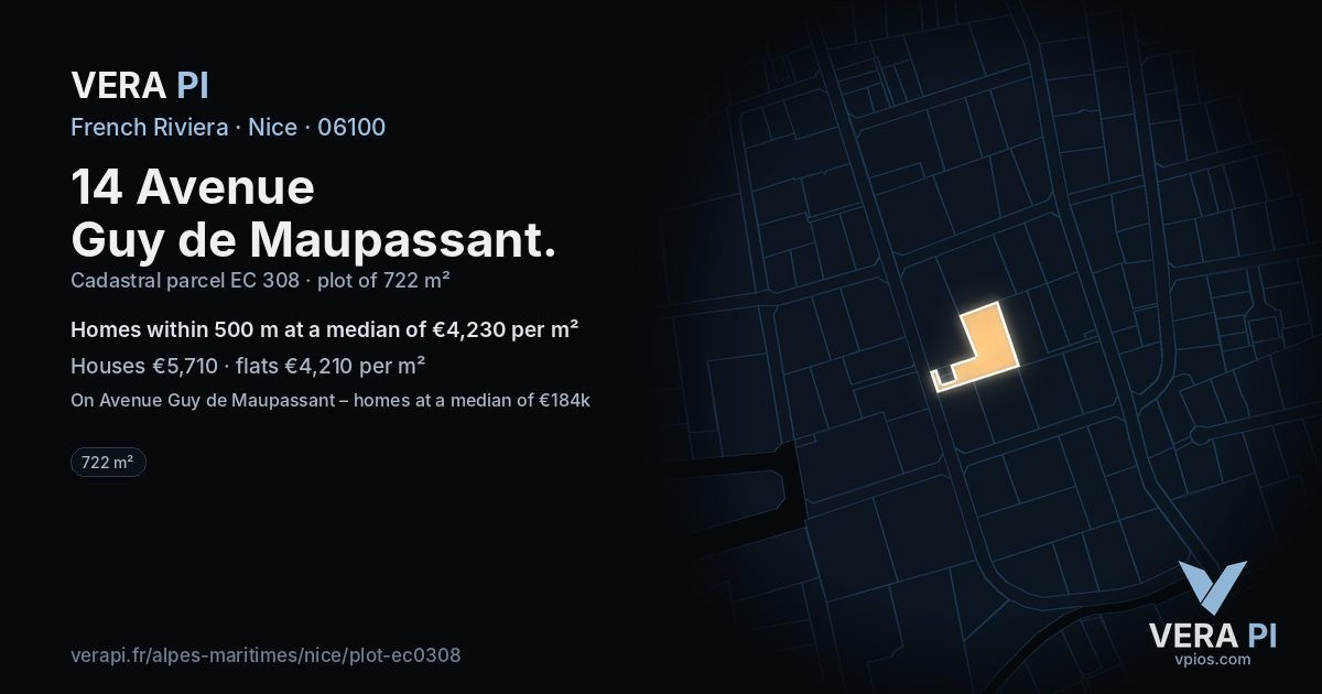 14 Avenue Guy de Maupassant, Nice at night – the plot lit, the parcels around coloured by the prices near them