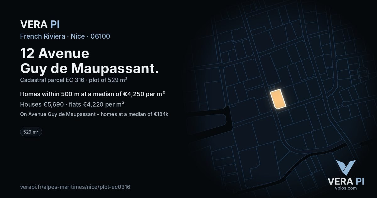 12 Avenue Guy de Maupassant, Nice at night – the plot lit, the parcels around coloured by the prices near them