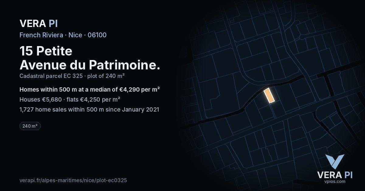 15 Petite Avenue du Patrimoine, Nice at night – the plot lit, the parcels around coloured by the prices near them