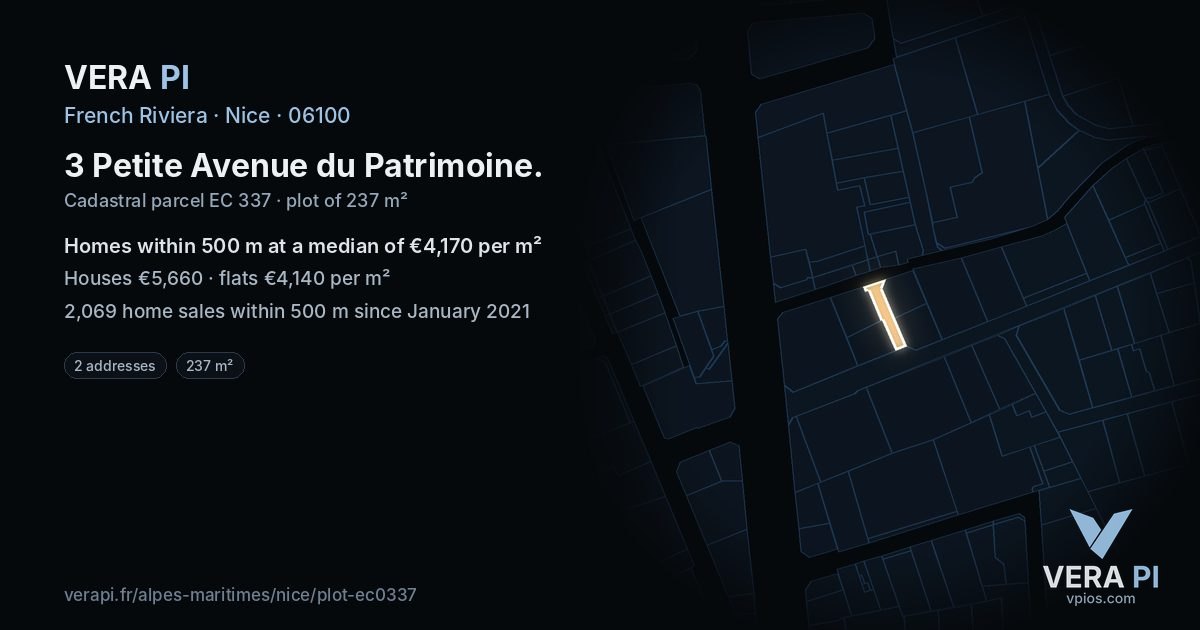 3 Petite Avenue du Patrimoine, Nice at night – the plot lit, the parcels around coloured by the prices near them