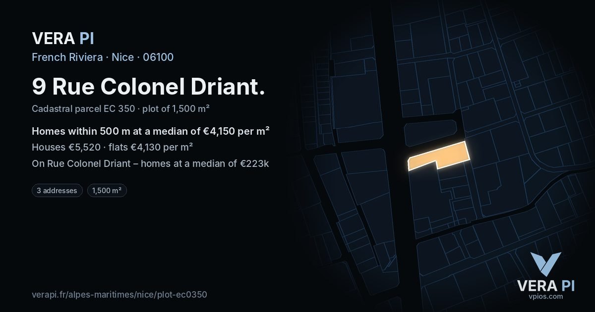9 Rue Colonel Driant, Nice at night – the plot lit, the parcels around coloured by the prices near them