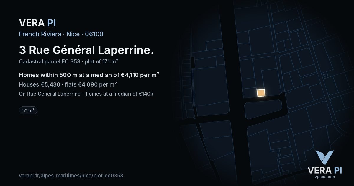 3 Rue Général Laperrine, Nice at night – the plot lit, the parcels around coloured by the prices near them