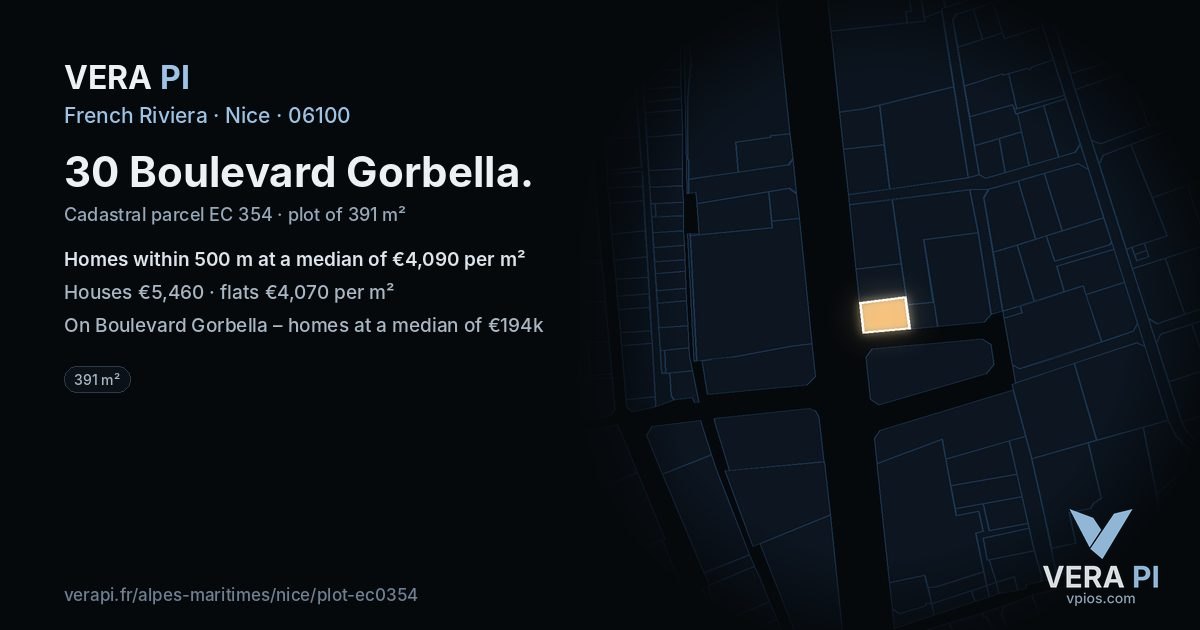 30 Boulevard Gorbella, Nice at night – the plot lit, the parcels around coloured by the prices near them