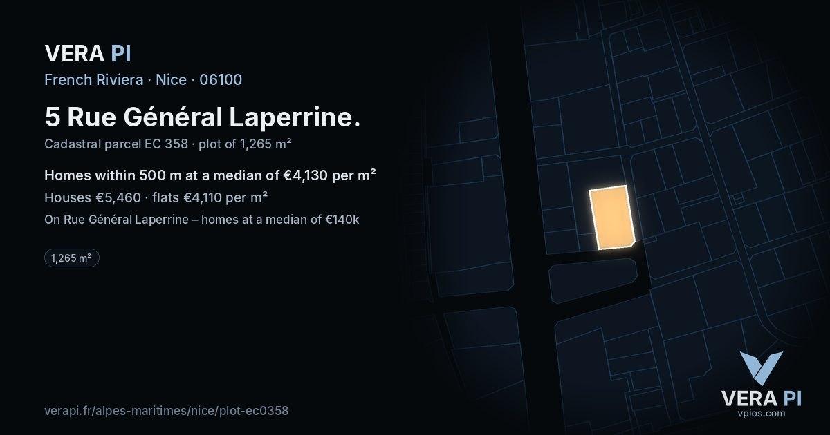 5 Rue Général Laperrine, Nice at night – the plot lit, the parcels around coloured by the prices near them