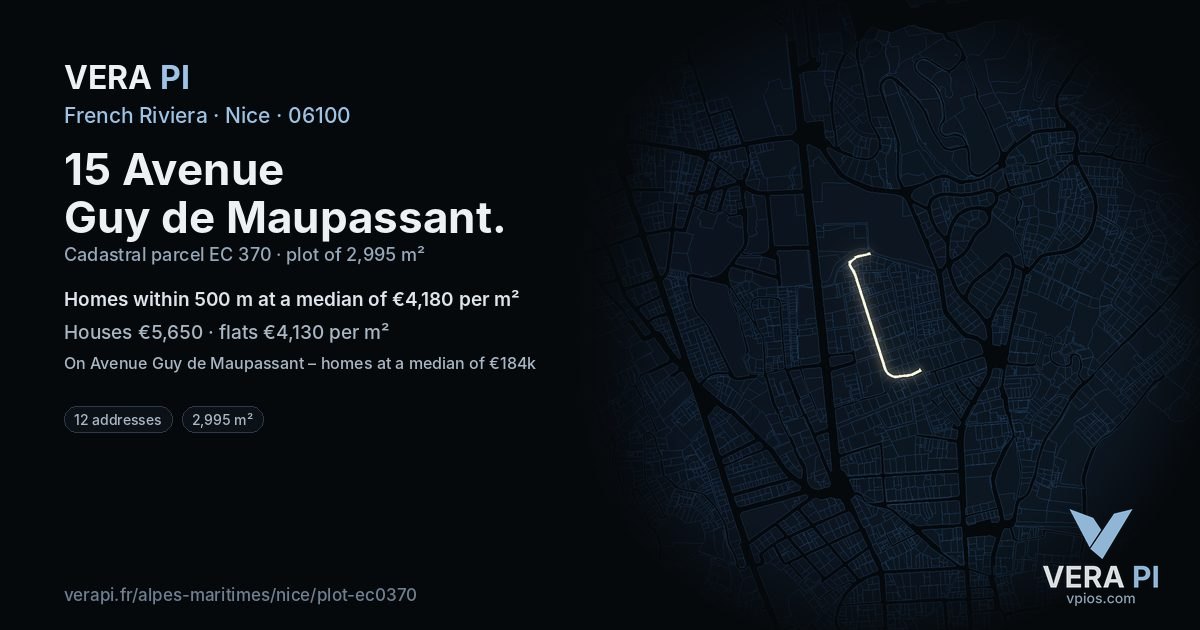 15 Avenue Guy de Maupassant, Nice at night – the plot lit, the parcels around coloured by the prices near them
