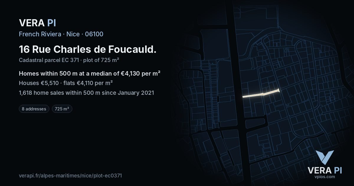 16 Rue Charles de Foucauld, Nice at night – the plot lit, the parcels around coloured by the prices near them