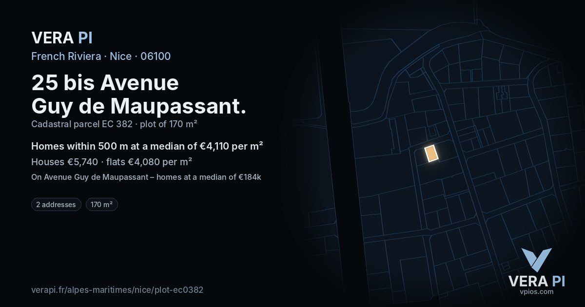 25 bis Avenue Guy de Maupassant, Nice at night – the plot lit, the parcels around coloured by the prices near them
