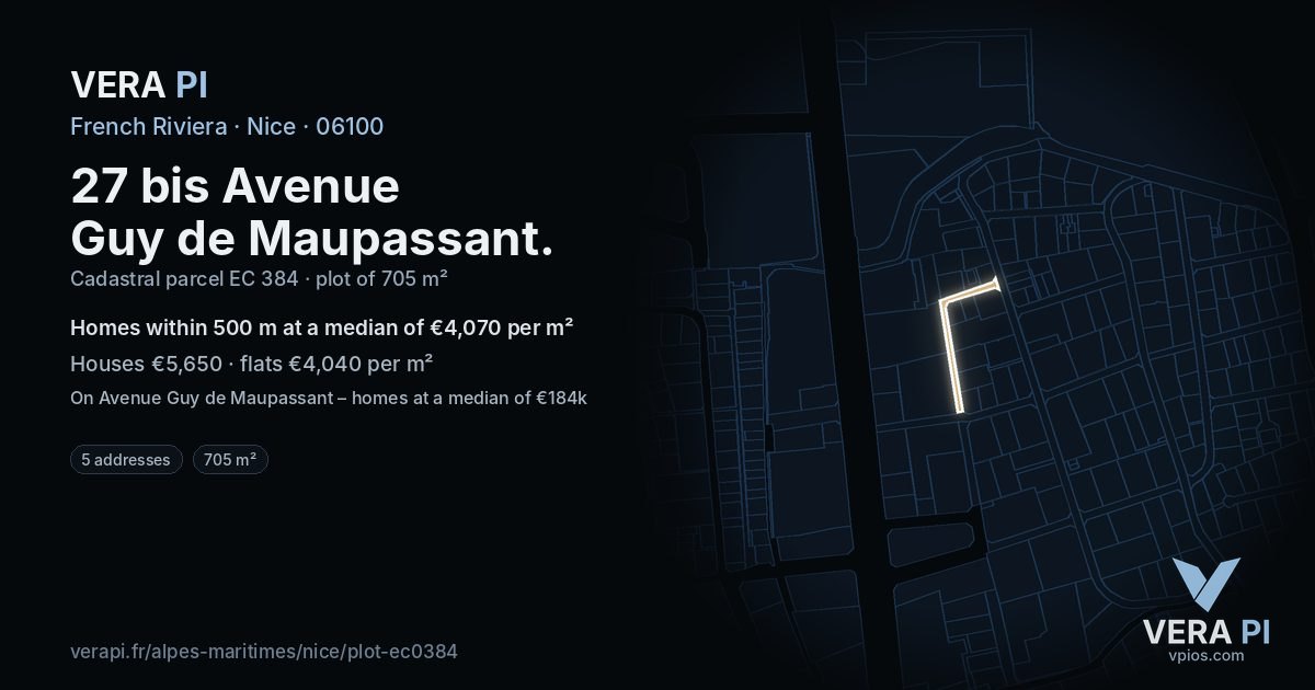 27 bis Avenue Guy de Maupassant, Nice at night – the plot lit, the parcels around coloured by the prices near them