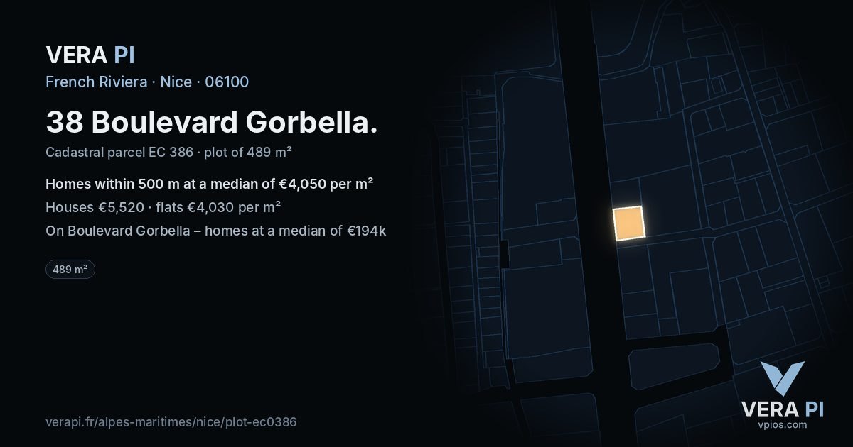 38 Boulevard Gorbella, Nice at night – the plot lit, the parcels around coloured by the prices near them