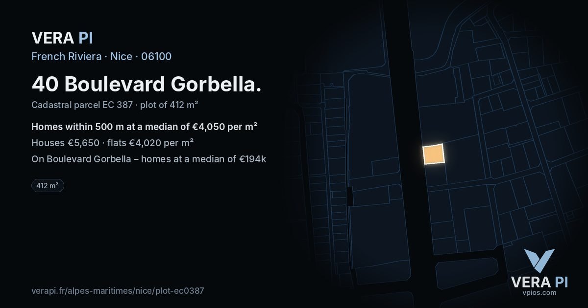40 Boulevard Gorbella, Nice at night – the plot lit, the parcels around coloured by the prices near them