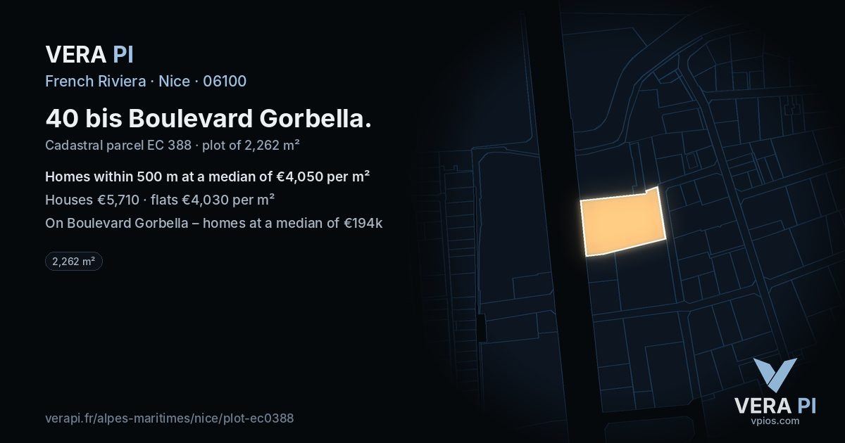 40 bis Boulevard Gorbella, Nice at night – the plot lit, the parcels around coloured by the prices near them