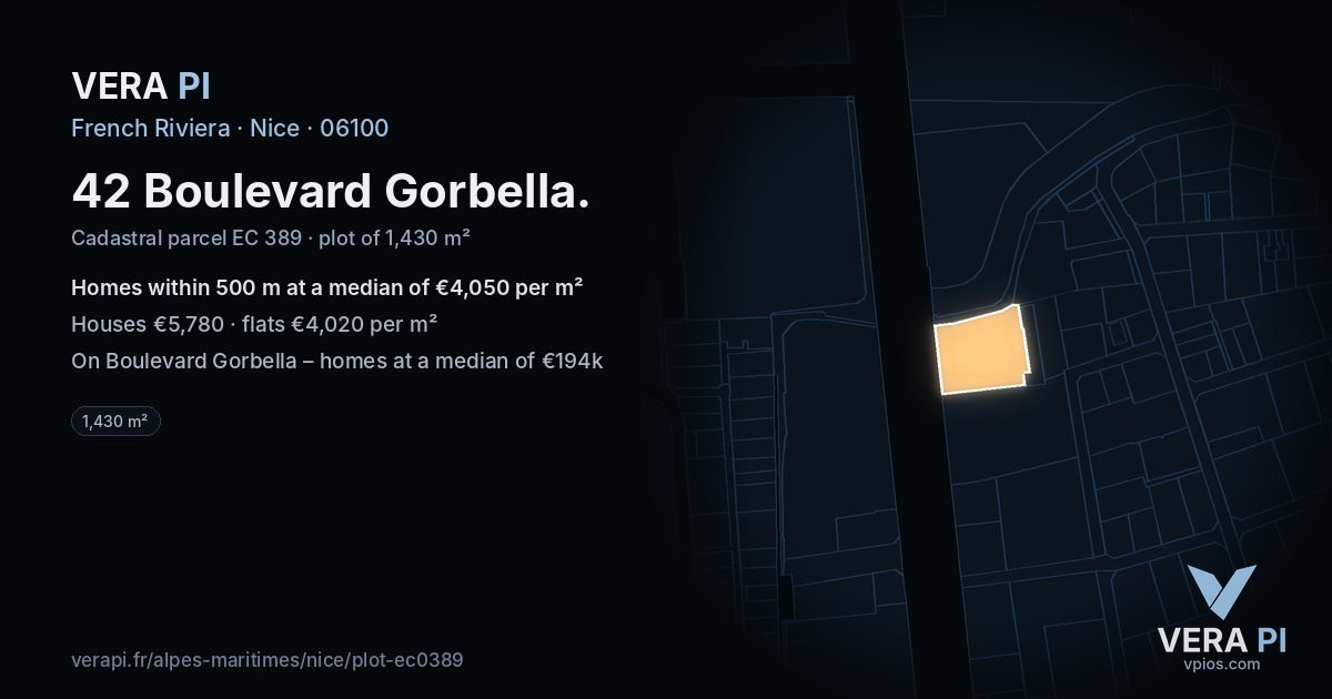 42 Boulevard Gorbella, Nice at night – the plot lit, the parcels around coloured by the prices near them