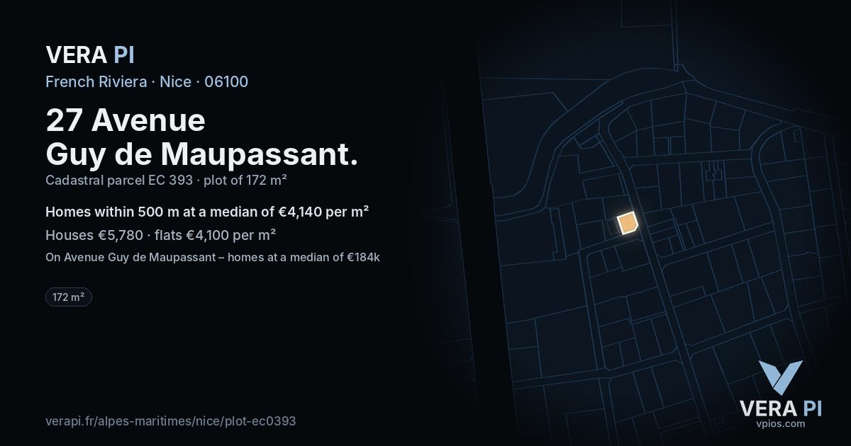27 Avenue Guy de Maupassant, Nice at night – the plot lit, the parcels around coloured by the prices near them