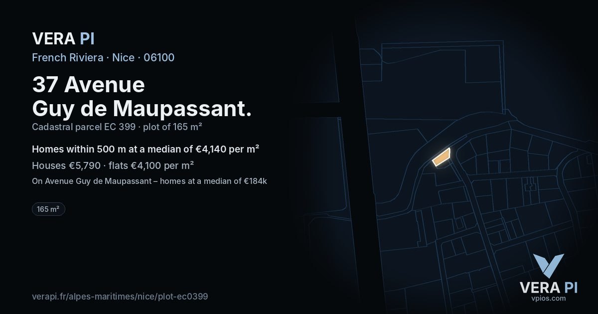 37 Avenue Guy de Maupassant, Nice at night – the plot lit, the parcels around coloured by the prices near them