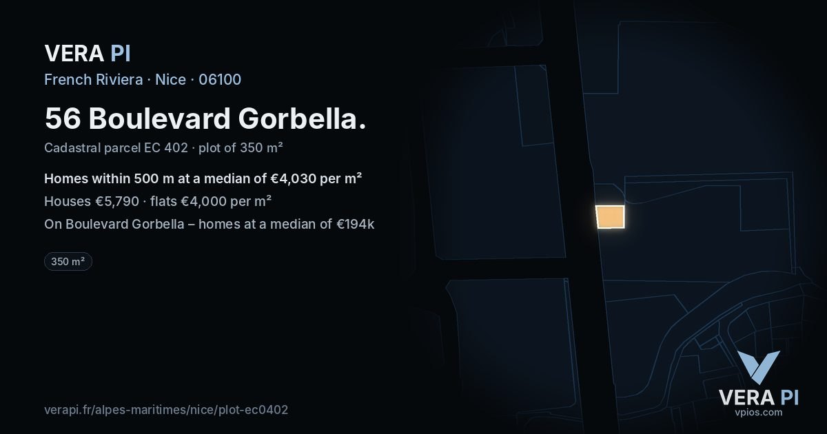 56 Boulevard Gorbella, Nice at night – the plot lit, the parcels around coloured by the prices near them