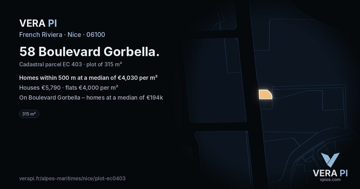 58 Boulevard Gorbella, Nice at night – the plot lit, the parcels around coloured by the prices near them