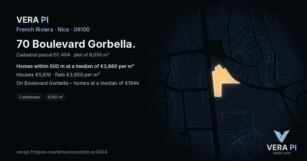 70 Boulevard Gorbella, Nice at night – the plot lit, the parcels around coloured by the prices near them