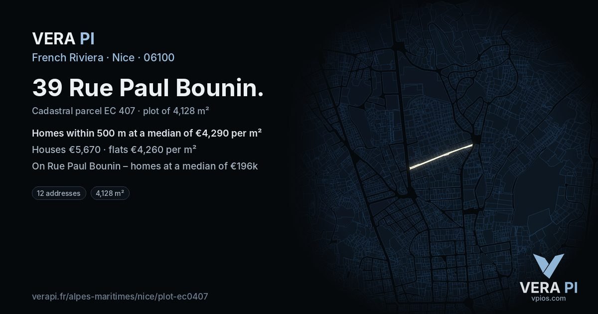 39 Rue Paul Bounin, Nice at night – the plot lit, the parcels around coloured by the prices near them