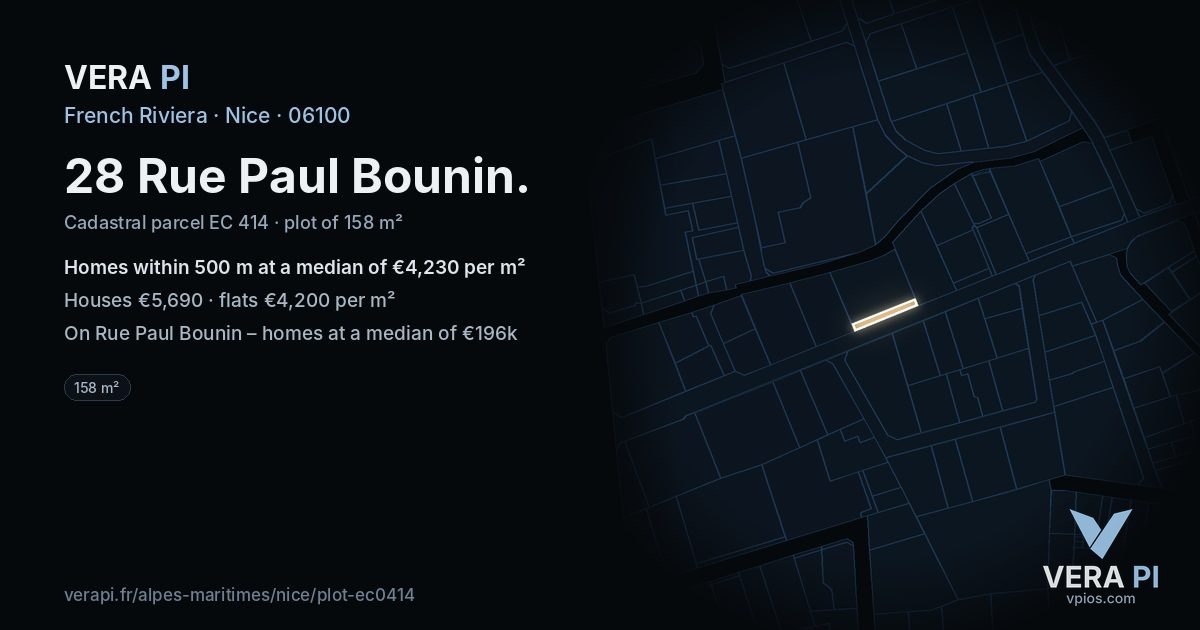 28 Rue Paul Bounin, Nice at night – the plot lit, the parcels around coloured by the prices near them