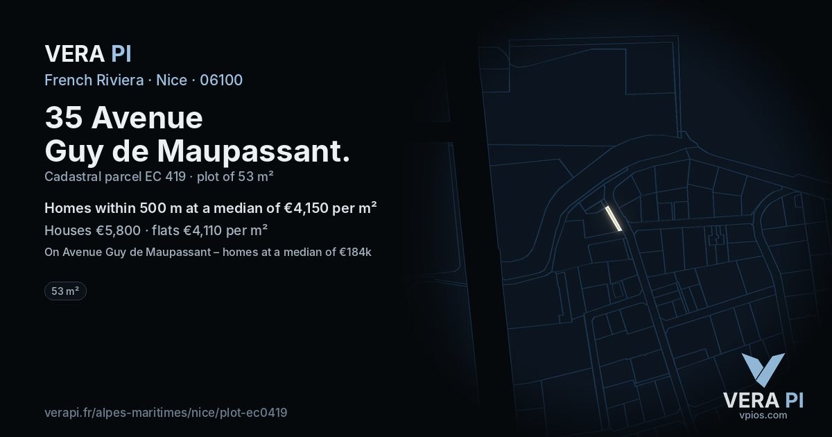 35 Avenue Guy de Maupassant, Nice at night – the plot lit, the parcels around coloured by the prices near them