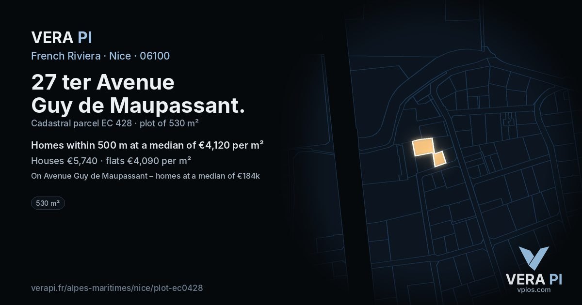 27 ter Avenue Guy de Maupassant, Nice at night – the plot lit, the parcels around coloured by the prices near them