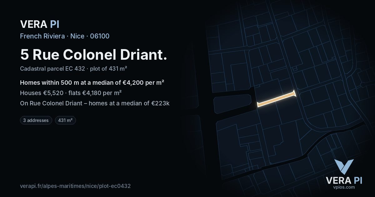 5 Rue Colonel Driant, Nice at night – the plot lit, the parcels around coloured by the prices near them