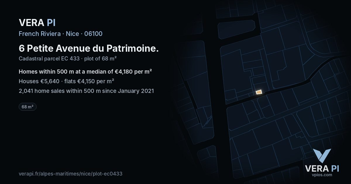 6 Petite Avenue du Patrimoine, Nice at night – the plot lit, the parcels around coloured by the prices near them
