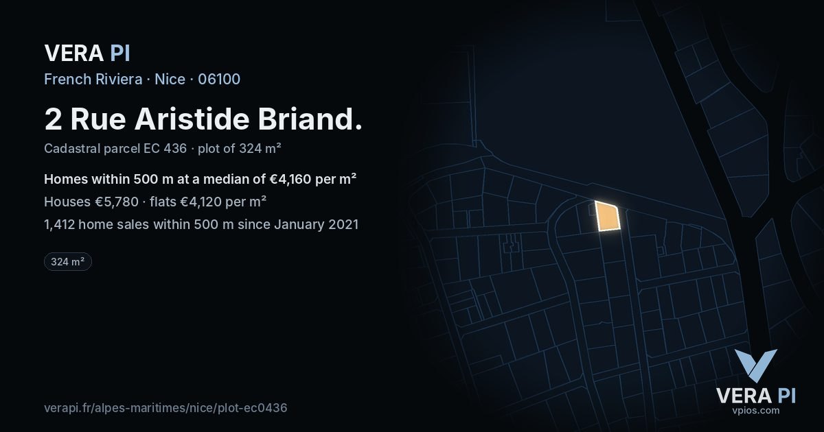 2 Rue Aristide Briand, Nice at night – the plot lit, the parcels around coloured by the prices near them