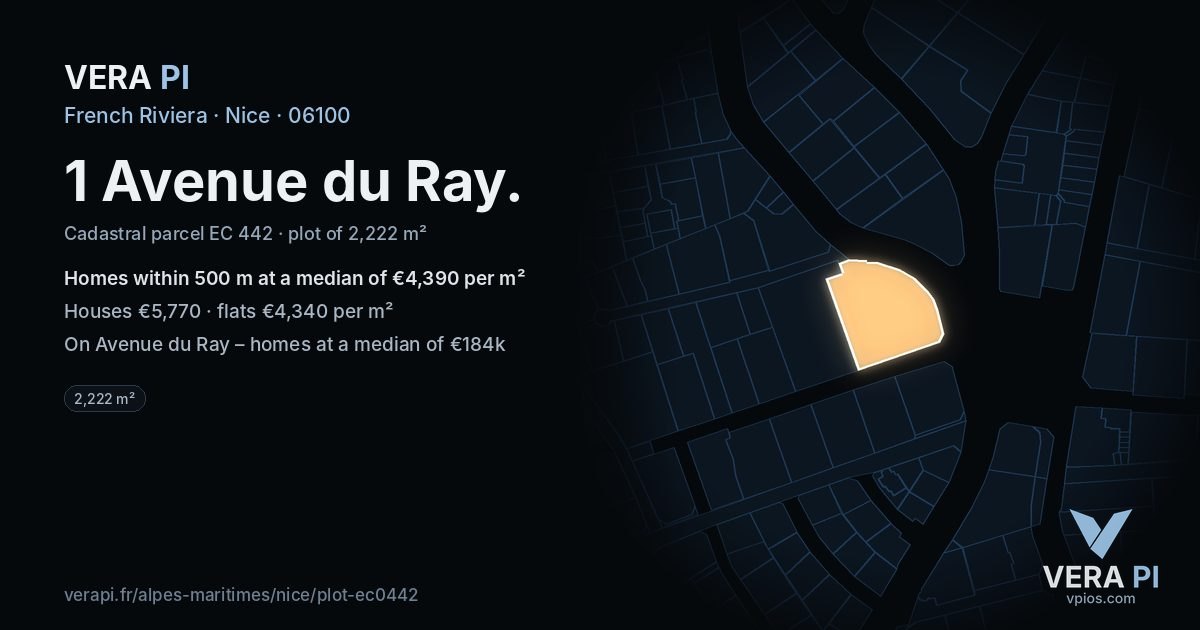 1 Avenue du Ray, Nice at night – the plot lit, the parcels around coloured by the prices near them