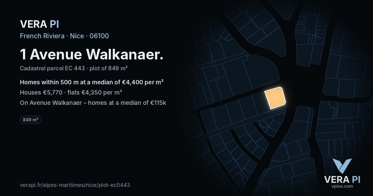 1 Avenue Walkanaer, Nice at night – the plot lit, the parcels around coloured by the prices near them