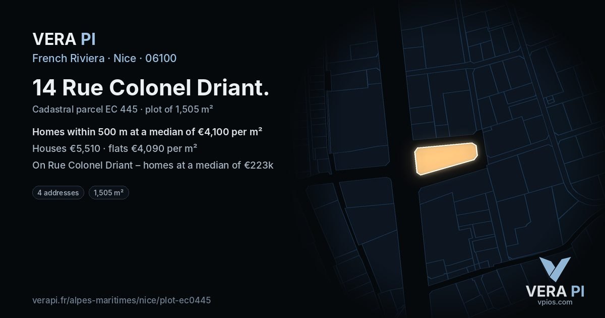 14 Rue Colonel Driant, Nice at night – the plot lit, the parcels around coloured by the prices near them