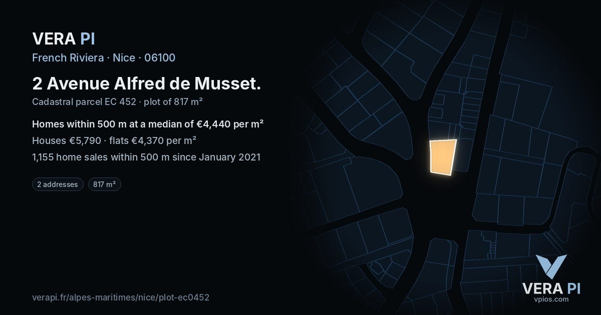 2 Avenue Alfred de Musset, Nice at night – the plot lit, the parcels around coloured by the prices near them
