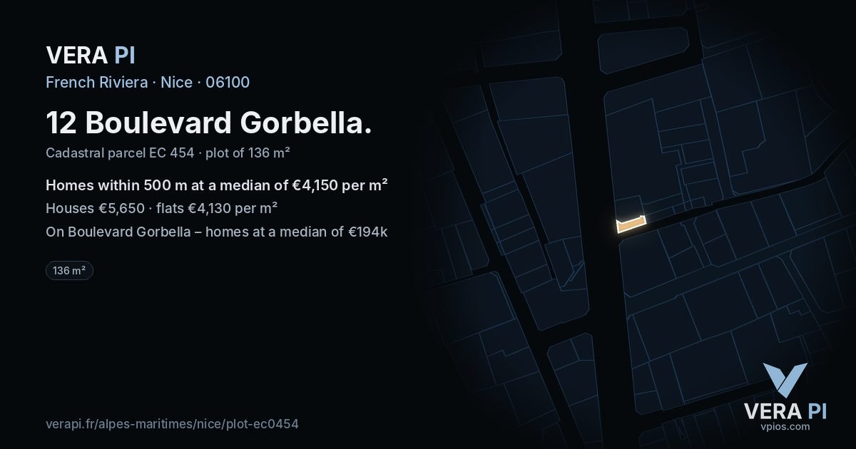 12 Boulevard Gorbella, Nice at night – the plot lit, the parcels around coloured by the prices near them