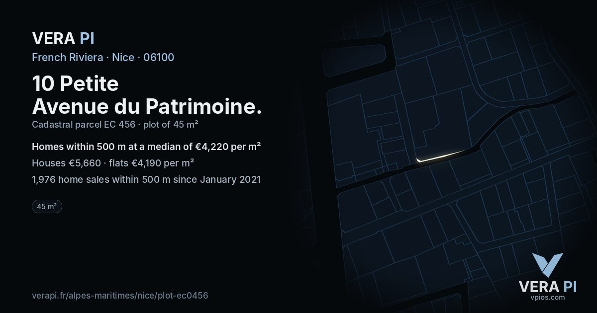 10 Petite Avenue du Patrimoine, Nice at night – the plot lit, the parcels around coloured by the prices near them