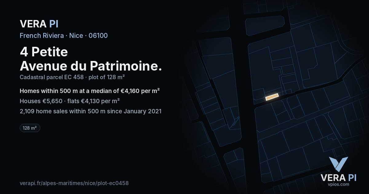 4 Petite Avenue du Patrimoine, Nice at night – the plot lit, the parcels around coloured by the prices near them
