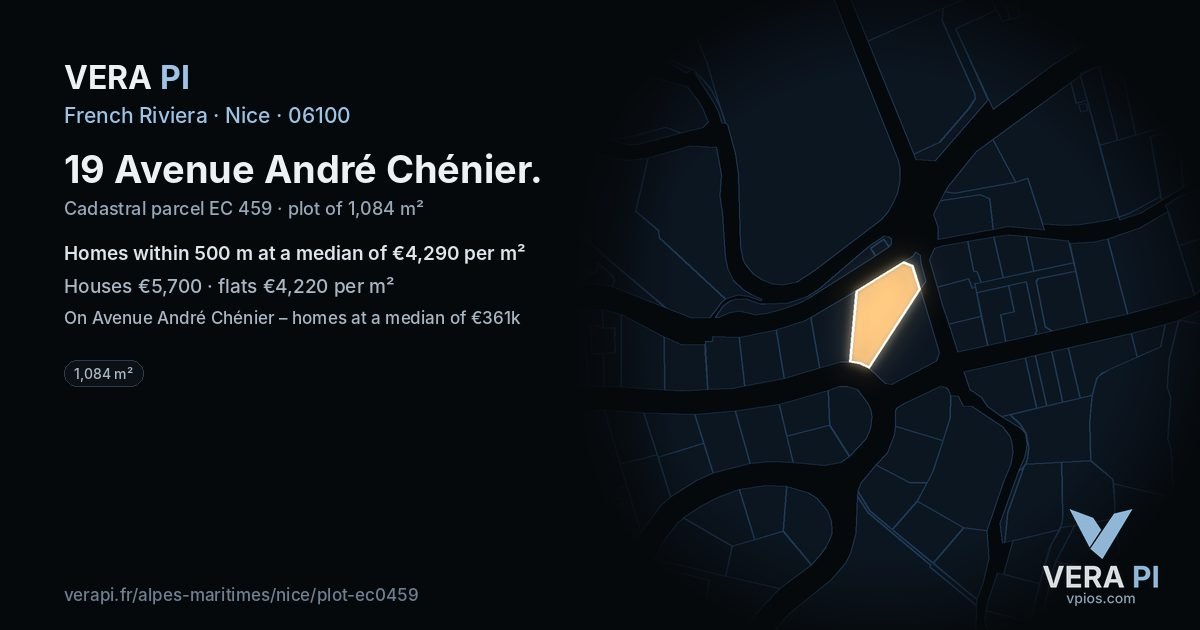 19 Avenue André Chénier, Nice at night – the plot lit, the parcels around coloured by the prices near them