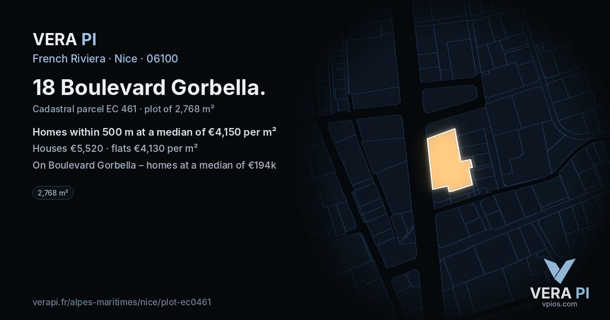 18 Boulevard Gorbella, Nice at night – the plot lit, the parcels around coloured by the prices near them