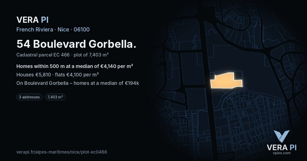 54 Boulevard Gorbella, Nice at night – the plot lit, the parcels around coloured by the prices near them