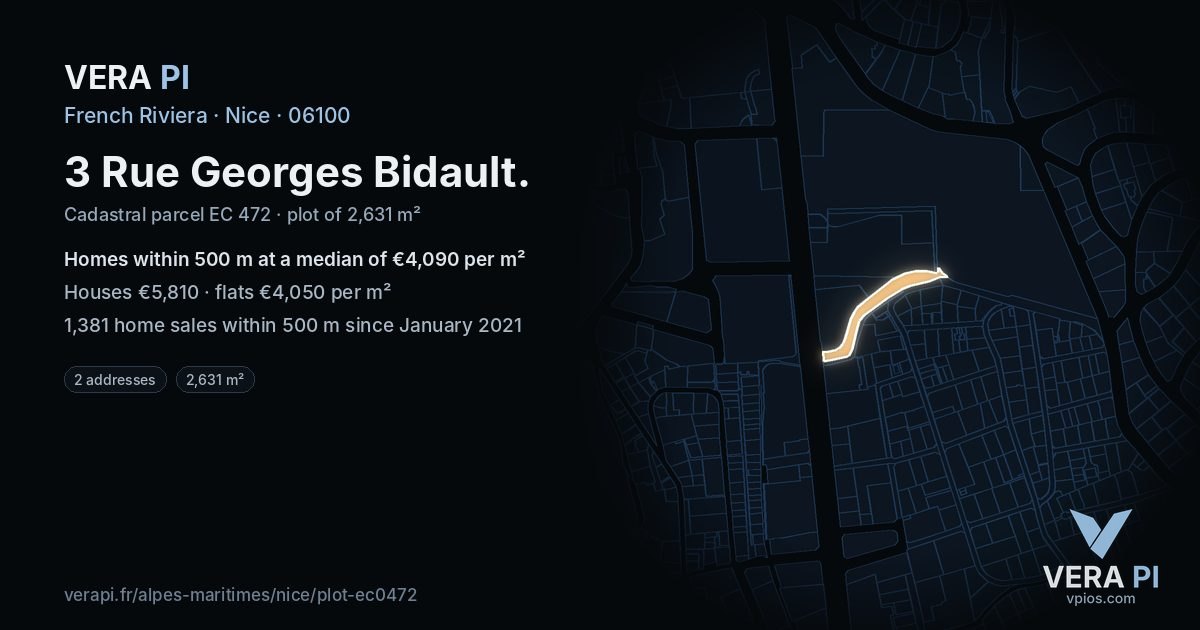 3 Rue Georges Bidault, Nice at night – the plot lit, the parcels around coloured by the prices near them