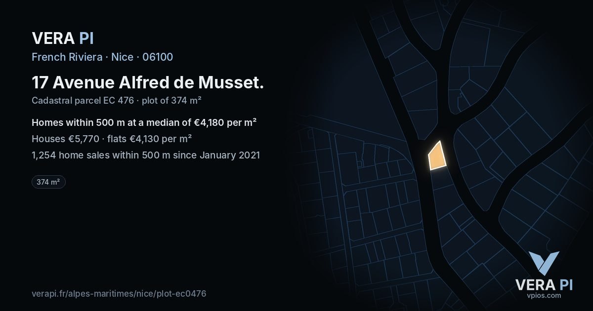 17 Avenue Alfred de Musset, Nice at night – the plot lit, the parcels around coloured by the prices near them