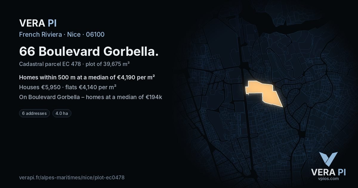 66 Boulevard Gorbella, Nice at night – the plot lit, the parcels around coloured by the prices near them