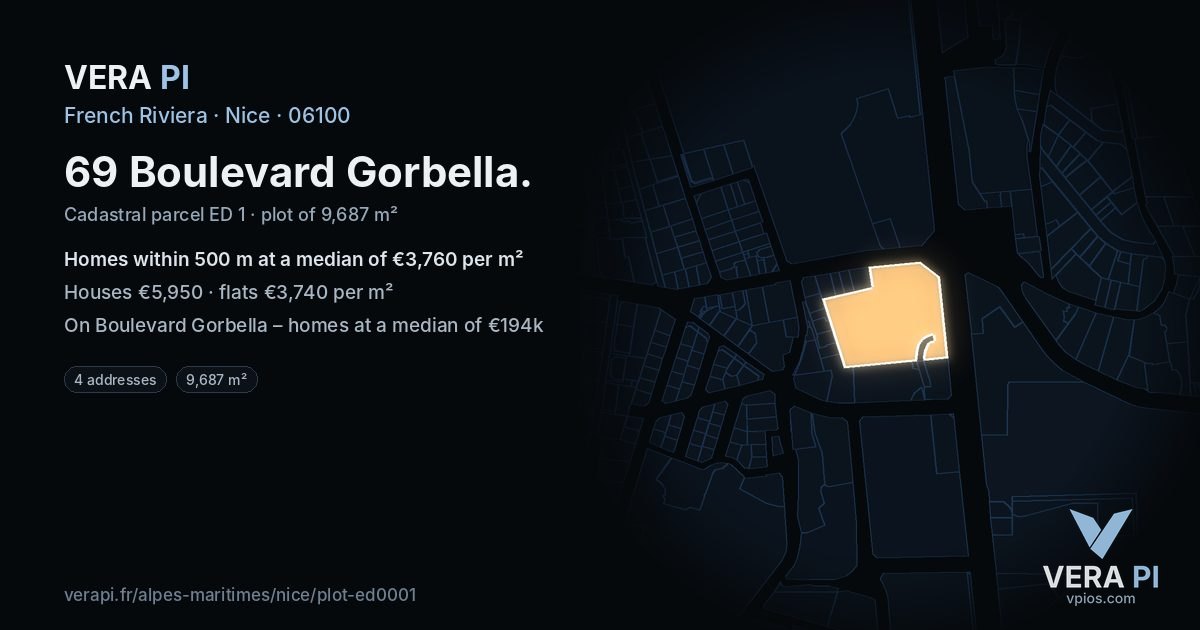 69 Boulevard Gorbella, Nice at night – the plot lit, the parcels around coloured by the prices near them