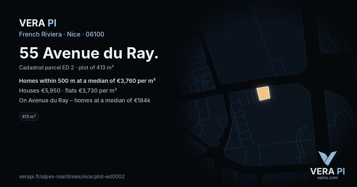 55 Avenue du Ray, Nice at night – the plot lit, the parcels around coloured by the prices near them
